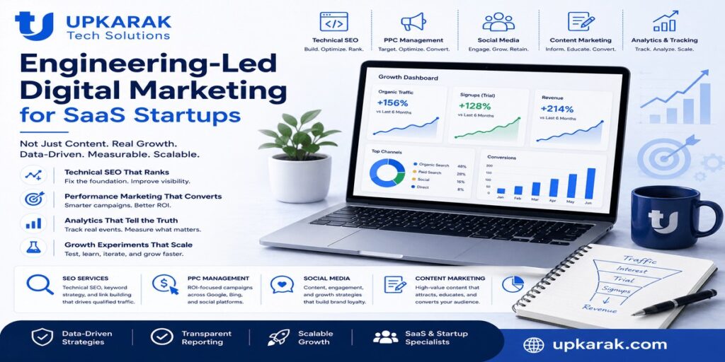 Engineer reviewing SEO and conversion tracking dashboard for a SaaS product