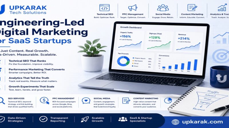 Engineer reviewing SEO and conversion tracking dashboard for a SaaS product